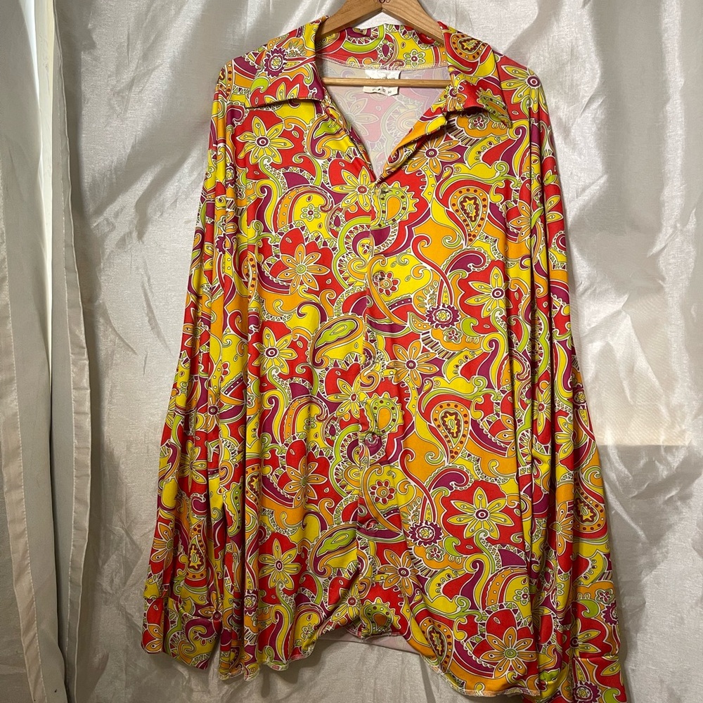 Plus Size Paisley Floral Groovy Bright Neon Button Down Halloween Costume Shirt